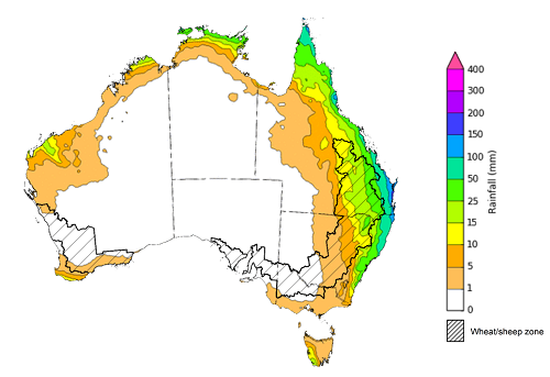 Map of the total forecast rainfall for the next 8 days. Image provided by the Bureau of Meteorology. Please refer to accompanying text for a more detailed description.