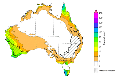 Map of the total forecast rainfall for the next 8 days. Image provided by the Bureau of Meteorology. Please refer to accompanying text for a more detailed description.