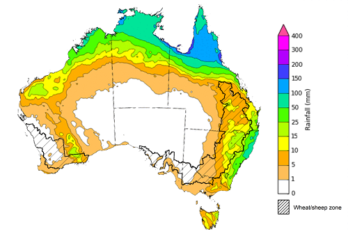 : Map of the total forecast rainfall for the next 8 days. Image provided by the Bureau of Meteorology. Please refer to accompanying text for a more detailed description.