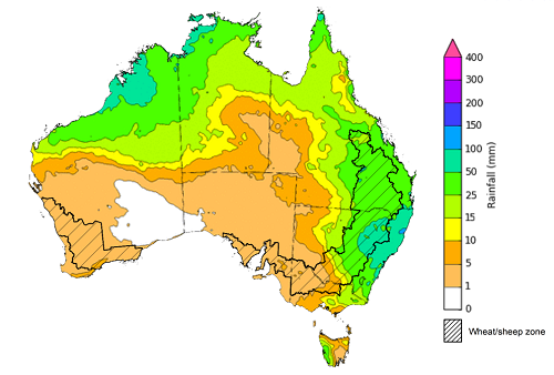 Map of the total forecast rainfall for the next 8 days. Image provided by the Bureau of Meteorology. Please refer to accompanying text for a more detailed description.