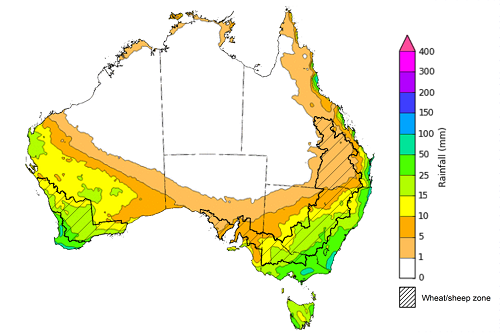 Map of the total forecast rainfall for the next 8 days. Image provided by the Bureau of Meteorology. Please refer to accompanying text for a more detailed description.