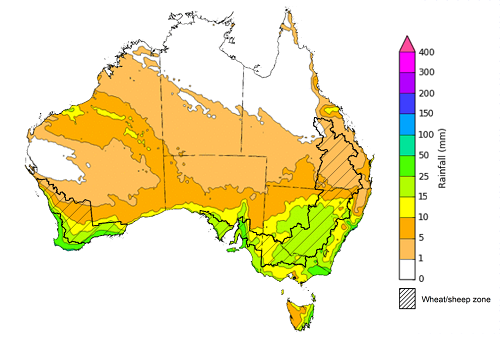 Map of the total forecast rainfall for the next 8 days. Image provided by the Bureau of Meteorology. Please refer to accompanying text for a more detailed description.