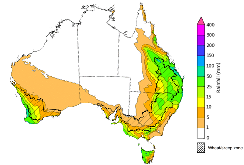 Map of the total forecast rainfall for the next 8 days. Image provided by the Bureau of Meteorology. Please refer to accompanying text for a more detailed description.