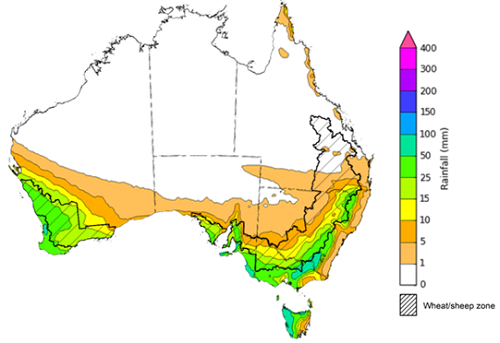 Map of the total forecast rainfall for the next 8 days. Image provided by the Bureau of Meteorology. Please refer to accompanying text for a more detailed description.