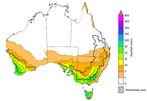 Map of the total forecast rainfall for the next 8 days. Image provided by the Bureau of Meteorology. Please refer to accompanying text for a more detailed description.