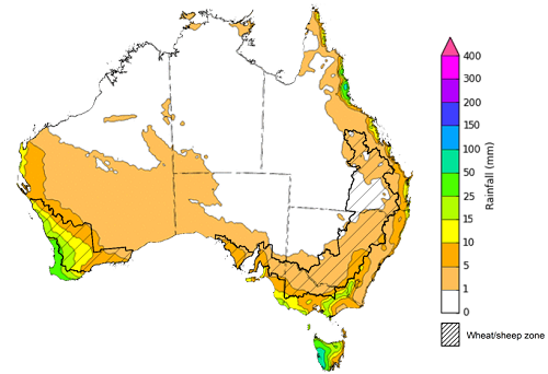 Map of the total forecast rainfall for the next 8 days. Image provided by the Bureau of Meteorology. Please refer to accompanying text for a more detailed description.