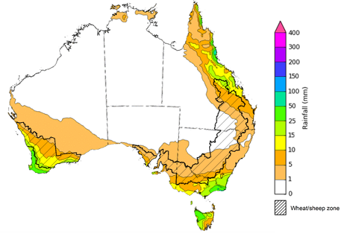 Map of the total forecast rainfall for the next 8 days. Image provided by the Bureau of Meteorology. Please refer to accompanying text for a more detailed description.