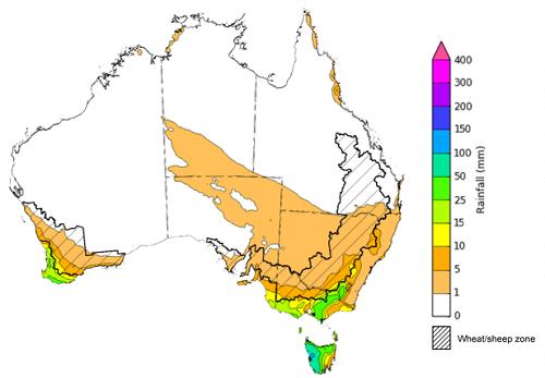 Map of the total forecast rainfall for the next 8 days. Image provided by the Bureau of Meteorology. Please refer to accompanying text for a more detailed description.