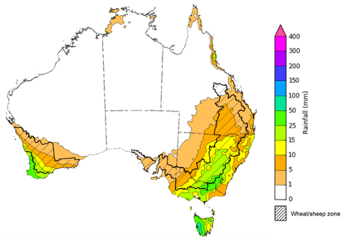 Map of the total forecast rainfall for the next 8 days. Image provided by the Bureau of Meteorology. Please refer to accompanying text for a more detailed description.