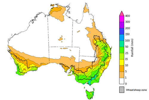 Map of the total forecast rainfall for the next 8 days. Image provided by the Bureau of Meteorology. Please refer to accompanying text for a more detailed description.