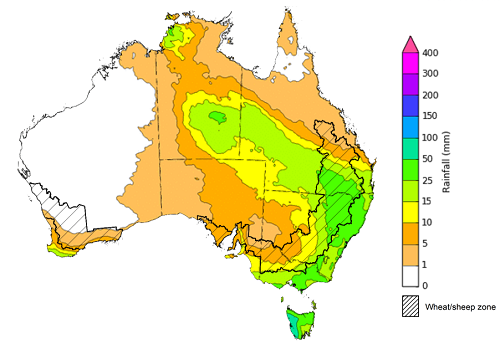 Map of the total forecast rainfall for the next 8 days. Image provided by the Bureau of Meteorology. Please refer to accompanying text for a more detailed description.