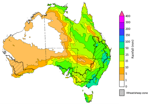 Map of the total forecast rainfall for the next 8 days. Image provided by the Bureau of Meteorology. Please refer to accompanying text for a more detailed description.