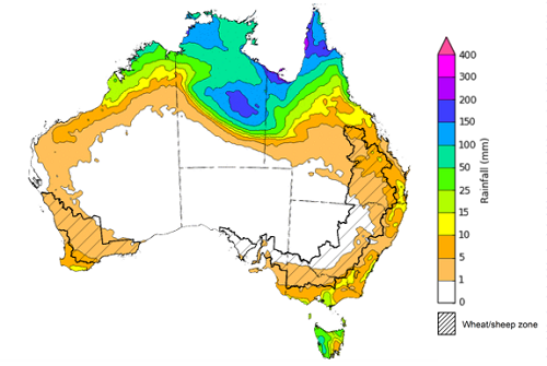 Map of the total forecast rainfall for the next 8 days. Image provided by the Bureau of Meteorology. Please refer to accompanying text for a more detailed description.