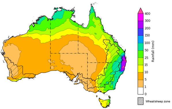 Map of the total forecast rainfall for the next 8 days. Image provided by the Bureau of Meteorology. Please refer to accompanying text for a more detailed description.