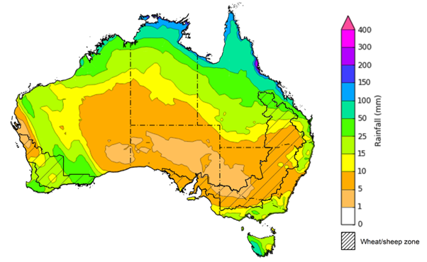 Map of the total forecast rainfall for the next 8 days. Image provided by the Bureau of Meteorology. Please refer to accompanying text for a more detailed description.