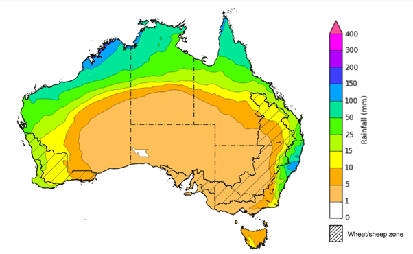 Map of the total forecast rainfall for the next 8 days. Image provided by the Bureau of Meteorology. Please refer to accompanying text for a more detailed description.