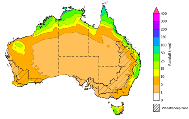 Map of the total forecast rainfall for the next 8 days. Image provided by the Bureau of Meteorology. Please refer to accompanying text for a more detailed description.