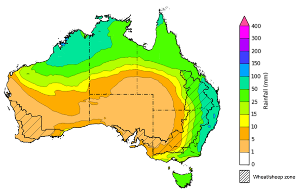 Map of the total forecast rainfall for the next 8 days. Image provided by the Bureau of Meteorology. Please refer to accompanying text for a more detailed description