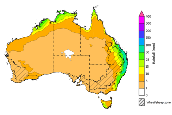 Map of the total forecast rainfall for the next 8 days. Image provided by the Bureau of Meteorology. Please refer to accompanying text for a more detailed description.