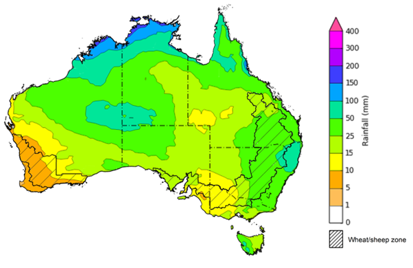 Map of the total forecast rainfall for the next 8 days. Image provided by the Bureau of Meteorology. Please refer to accompanying text for a more detailed description.