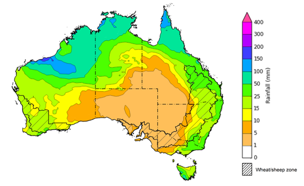 Map of the total forecast rainfall for the next 8 days. Image provided by the Bureau of Meteorology. Please refer to accompanying text for a more detailed description.