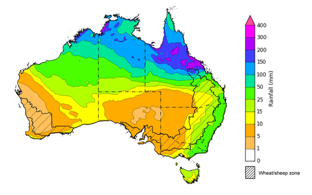 Map of the total forecast rainfall for the next 8 days. Image provided by the Bureau of Meteorology. Please refer to accompanying text for a more detailed description.