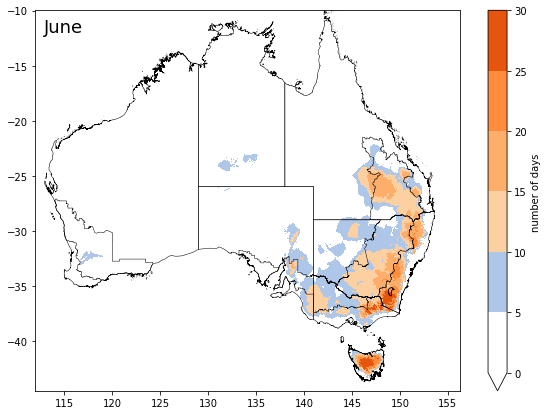 Map of the number of days minimum temperature was below 2°C in June based on historical climatology (1993-2022) and in the latest months. Data provided by the Bureau of Meteorology. Please refer to accompanying text for a more detailed description.]