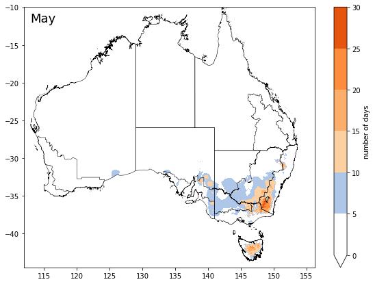 Map of the number of days minimum temperature was below 2°C in May based on historical climatology (1993-2022) and in the latest months. Data provided by the Bureau of Meteorology. Please refer to accompanying text for a more detailed description.