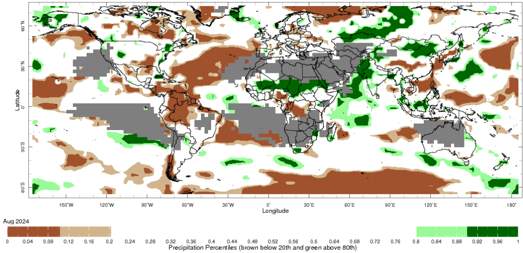 Map showing global monthly precipitation percentiles below the 20th percentile and above the 80th percentile. This map uses the climatology baseline of 1981 to 2010 for the month analysed. 