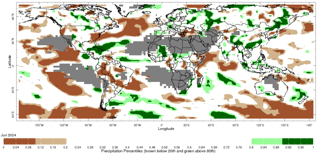 Map showing global monthly precipitation percentiles below the 20th percentile and above the 80th percentile. This map uses the climatology baseline of 1991 to 2020 for the month analysed.