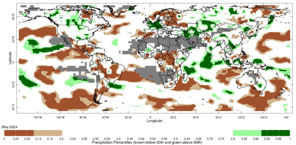 Map showing global monthly precipitation percentiles below the 20th percentile and above the 80th percentile. This map uses the climatology baseline of 1991 to 2020 for the month analysed.