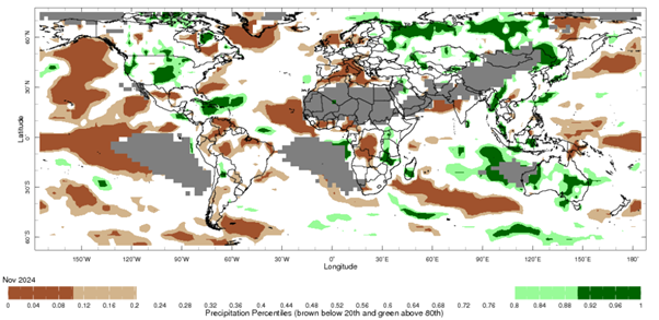 Map showing global monthly precipitation percentiles below the 20th percentile and above the 80th percentile. This map uses the climatology baseline of 1981 to 2010 for the month analysed.