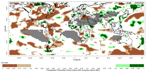 Map showing global monthly precipitation percentiles below the 20th percentile and above the 80th percentile. This map uses the climatology baseline of 1981 to 2010 for the month analysed.