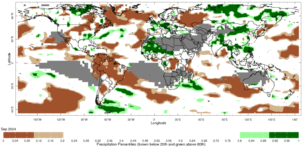 Map showing global monthly precipitation percentiles below the 20th percentile and above the 80th percentile. This map uses the climatology baseline of 1981 to 2010 for the month analysed. 