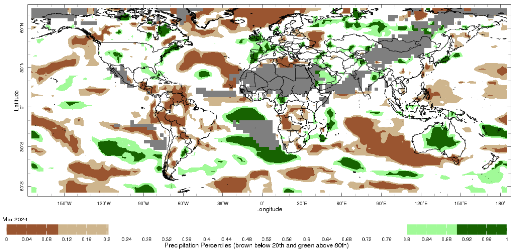 Map showing global monthly precipitation percentiles below the 20th percentile and above the 80th percentile. This map uses the climatology baseline of 1991 to 2020 for the month analysed.