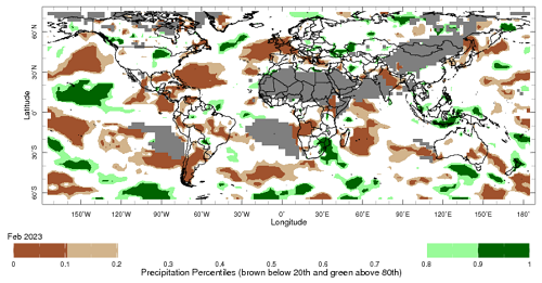 Map showing global monthly precipitation percentiles below the 20th percentile and above the 80th percentile. This map uses the climatology baseline of 1991 to 2020 for the month analysed. This map uses data from the NOAA Climate Prediction Centre CAMS_OPI. Image provided by the International Research Institute for Climate and Society.