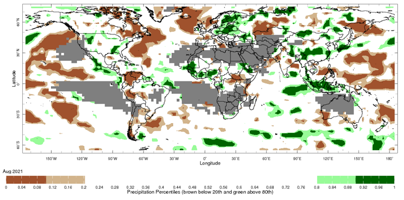 Map showing global monthly precipitation percentiles below the 20th percentile and above the 80th percentile. This map uses the climatology baseline of 1981 to 2010 for the month analysed. This map uses data from the NOAA Climate Prediction Centre CAMS_OPI. Image provided by the International Research Institute for Climate and Society. Please refer to accompanying text for a more detailed description.