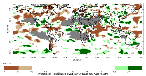 Map showing global monthly precipitation percentiles below the 20th percentile and above the 80th percentile. This map uses the climatology baseline of 1981 to 2010 for the month analysed. This map uses data from the NOAA Climate Prediction Centre CAMS_OPI. Image provided by the International Research Institute for Climate and Society. Please refer to accompanying text for a more detailed description.