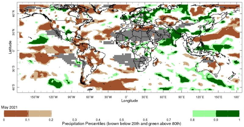 Map showing global monthly precipitation percentiles below the 20th percentile and above the 80th percentile. This map uses the climatology baseline of 1981 to 2010 for the month analysed. This map uses data from the NOAA Climate Prediction Centre CAMS_OPI. Image provided by the International Research Institute for Climate and Society. Please refer to accompanying text for a more detailed description.