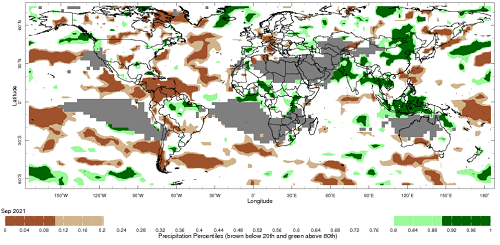 : Map showing global monthly precipitation percentiles below the 20th percentile and above the 80th percentile. This map uses the climatology baseline of 1981 to 2010 for the month analysed. This map uses data from the NOAA Climate Prediction Centre CAMS_OPI. Image provided by the International Research Institute for Climate and Society. Please refer to accompanying text for a more detailed description.