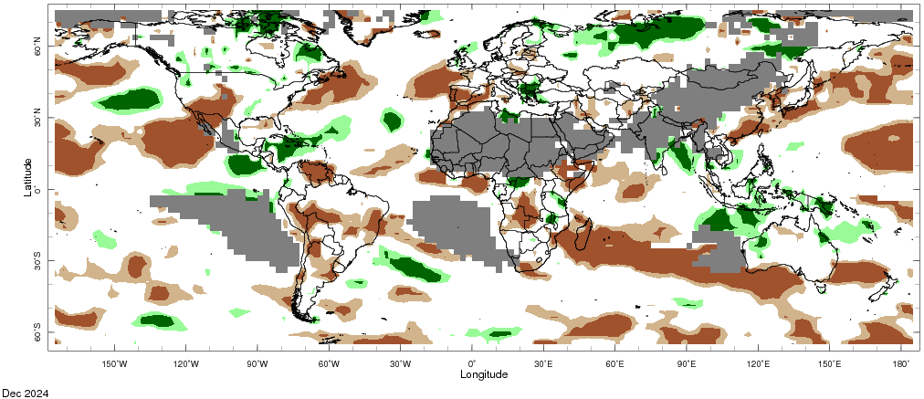 Map showing global monthly precipitation percentiles below the 20th percentile and above the 80th percentile. This map uses the climatology baseline of 1981 to 2010 for the month analysed.