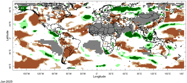 Map showing global monthly precipitation percentiles below the 20th percentile and above the 80th percentile. This map uses the climatology baseline of 1981 to 2010 for the month analysed.