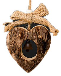 Image of wooden heart decoration on rope with bark intact and a bell in its centre.