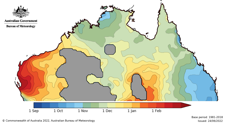 Map showing the historical northern rainfall onset dates. Image provided by the Bureau of Meteorology.