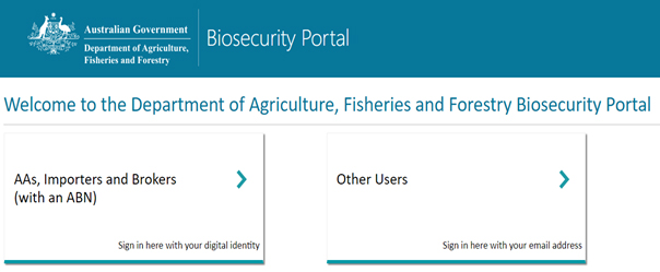 Biosecurity portal homepage with 2 login options.  1. Sign in with your digital identity to access ⦁	Inspection bookings (AAs, Importers or Brokers profile) ⦁	Rural Tailgate Inspection Outcomes Lodgement Approved Arrangements (AA), Importers and Brokers (with an ABN). 2.  Sign in with your email address to access ⦁	Approved Arrangement Management Product (AAMP) ⦁	Inspection bookings (Previously ‘Other User’) Approved Arrangements (AA), Freight Forwarders, Importers and Brokers (with no ABN).