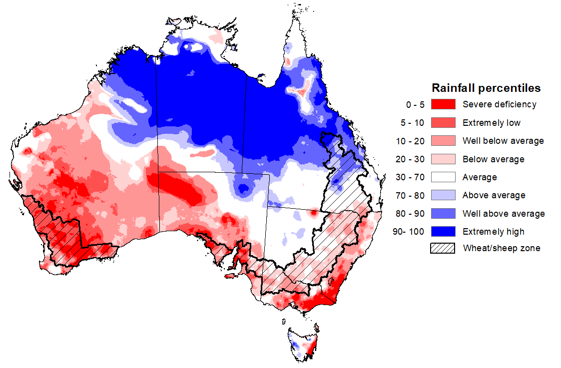 Map showing the rainfall percentiles for the previous month in Australia. Image provided by the Bureau of Meteorology. Please refer to accompanying text for a more detailed description.