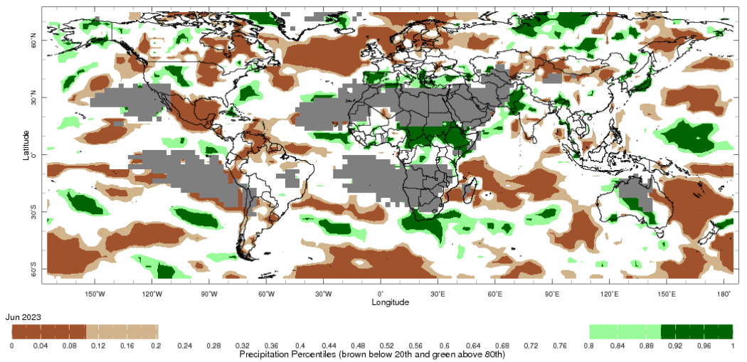 Map showing global monthly precipitation percentiles below the 20th percentile and above the 80th percentile. This map uses the climatology baseline of 1991 to 2020 for the month analysed. 