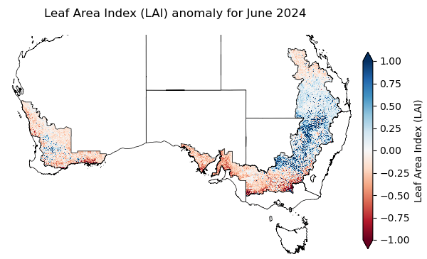 Map showing the Leaf Area Index (LAI) anomalies for the recent month. Please refer to accompanying text for a more detailed description.