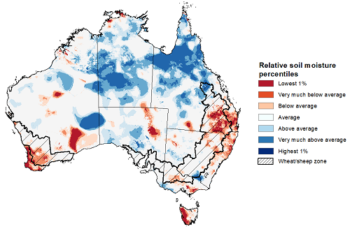 Map showing the lower layer soil moisture for the previous season in Australia. Image provided by the Bureau of Meteorology. Please refer to accompanying text for a more detailed description.