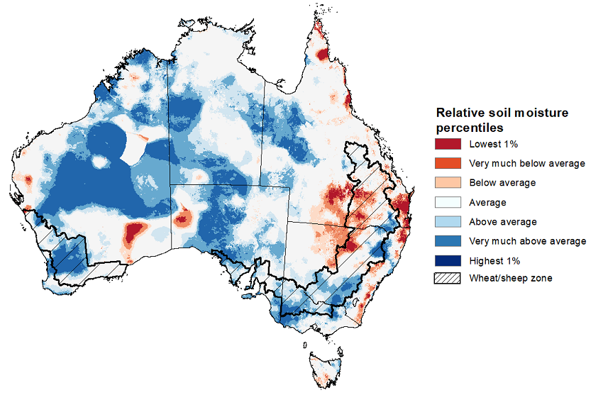 Map showing the lower layer soil moisture for the previous season in Australia. Image provided by the Bureau of Meteorology. Please refer to accompanying text for a more detailed description.